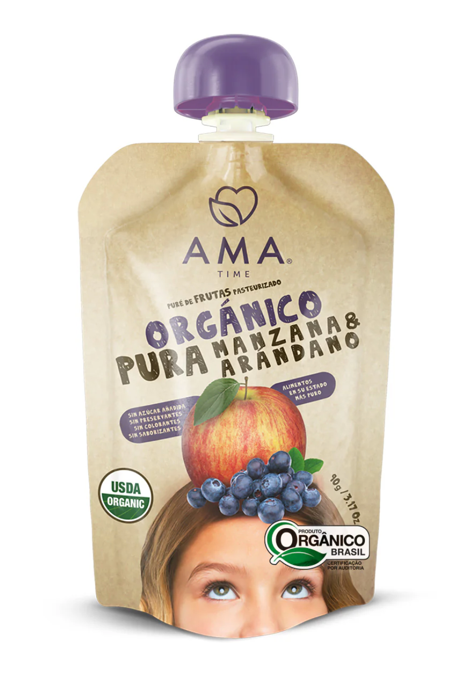 Purê de Frutas Maçã e Mirtilos 90g AMA Time